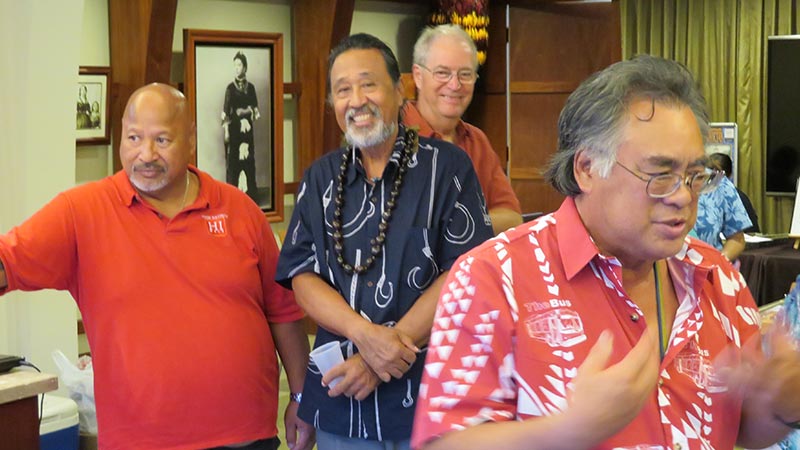 Chris with Lary Holu, Geri Valdriz, and Kamaka Tom at the 2018 Waikīkī Steel Guitar Festival