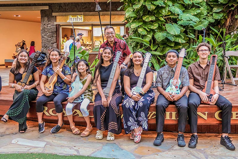 NextGen Joey, Tai, Hi&lsquo;ipoi, Isabella, Makamae, Enosa, and Pono at the 2023 Waikīkī Steel Guitar Festival